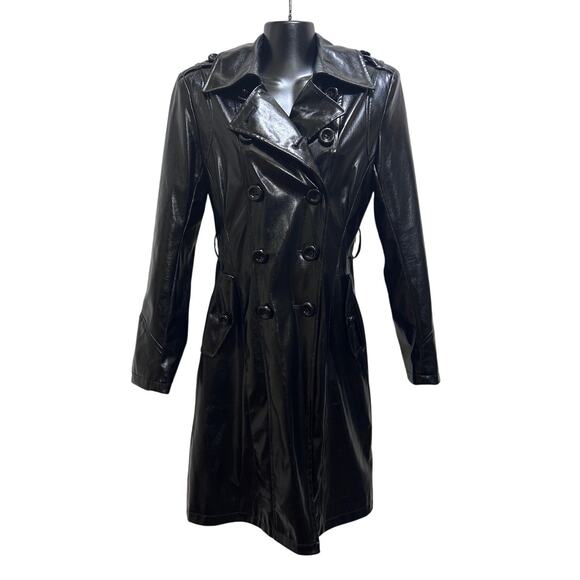 Via Spiga Patent Leather Trench Style Jacket XS Black Pink Lining Goth Cosplay - Picture 1 of 11